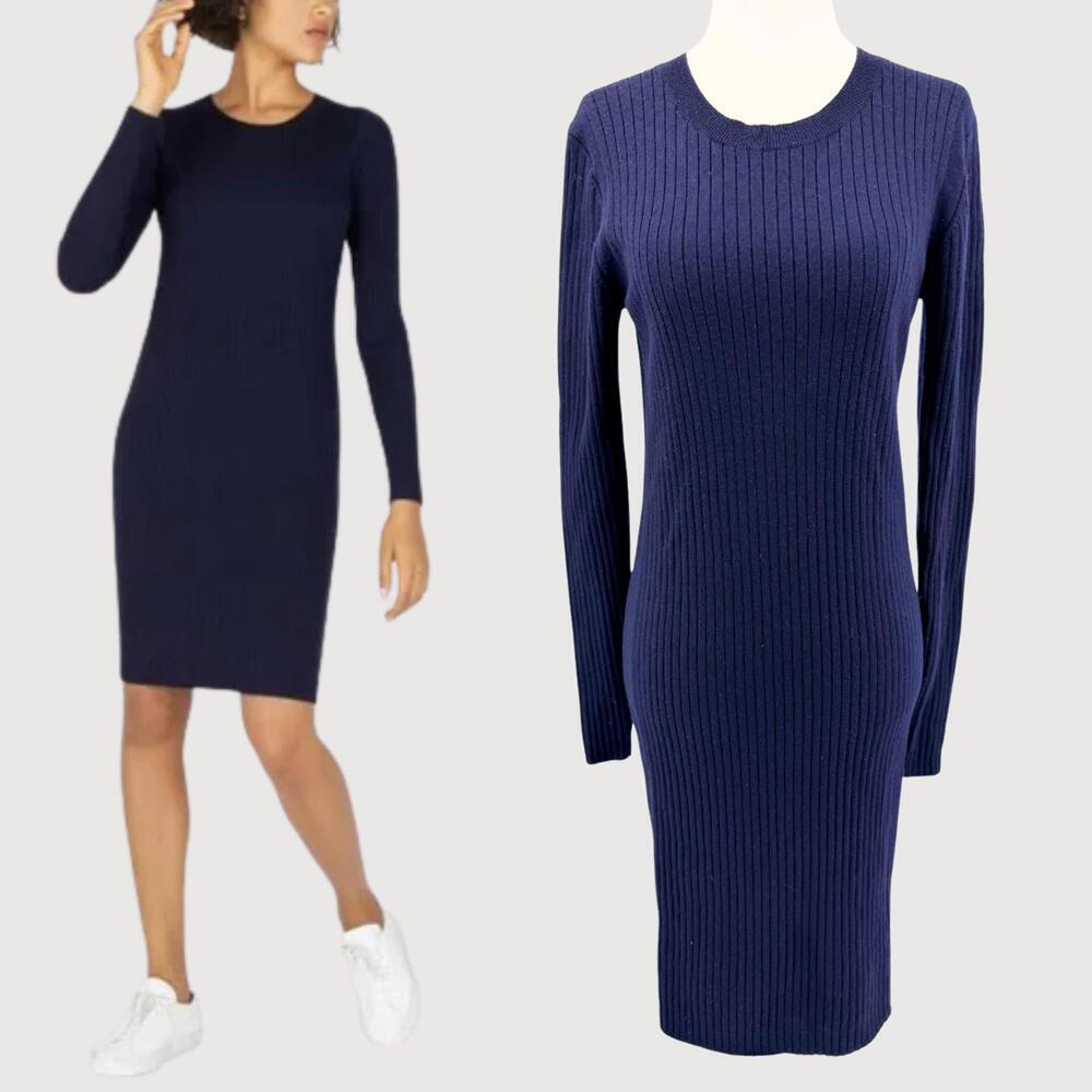 Everlane Ribbed Wool Sweater Dress Navy Long Sleeve M